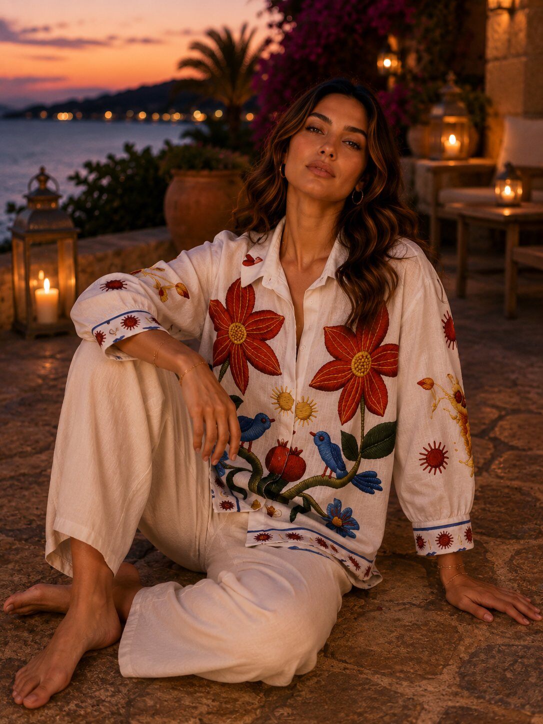 Grossista LOVIKA - Camicia Bianca Bohémien con Grandi Fiori Ricamati e Motivi di Uccelli Folk Colorati