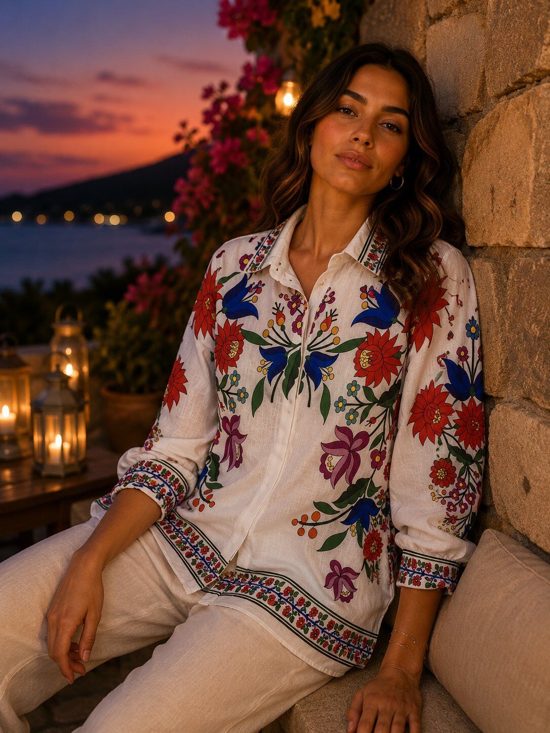 Grossista LOVIKA - Camicia Bianca Bohémien con Ricami Floreali Multicolori e Dettagli Folk Chic