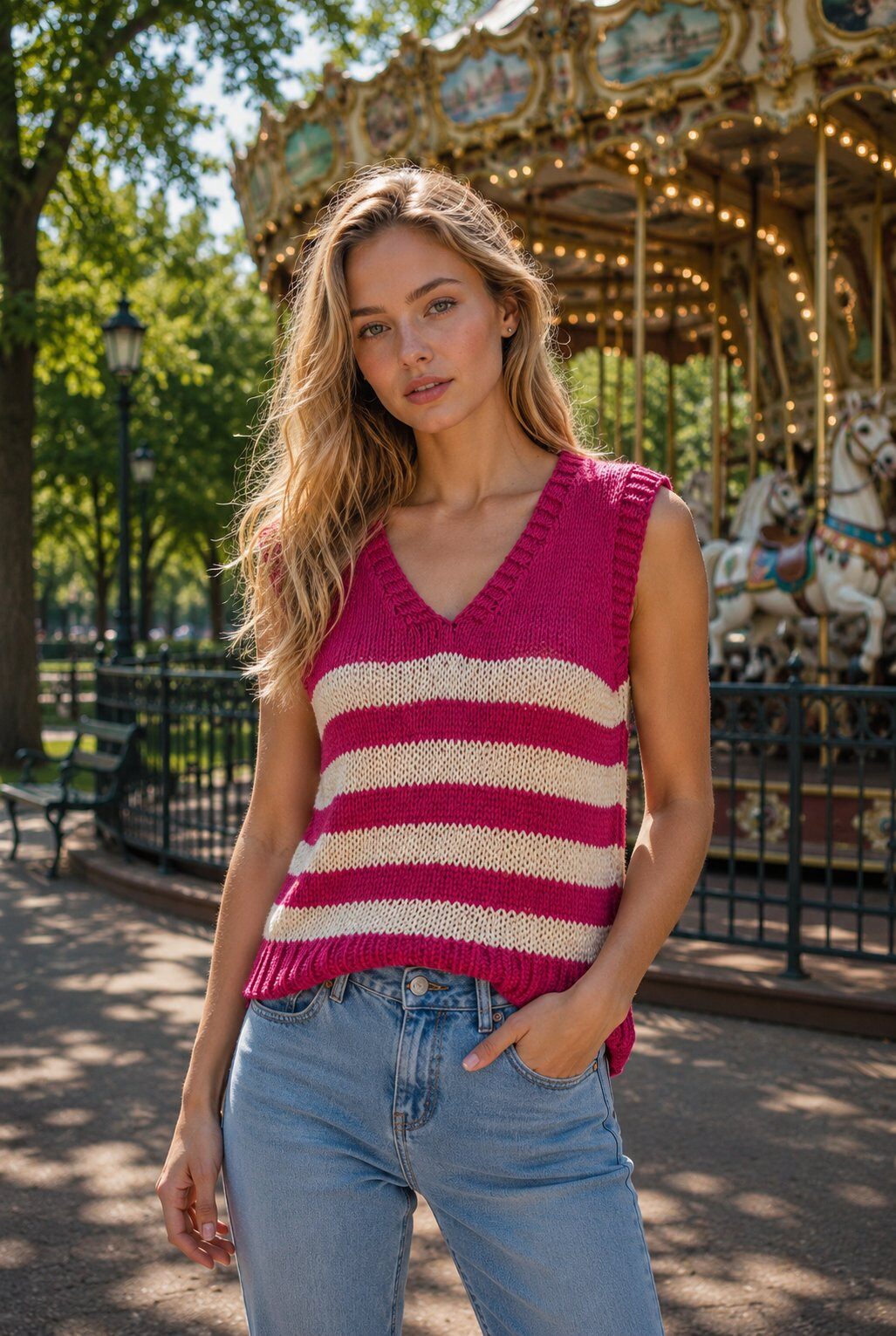Mayorista LOVIKA - Top de punto sin mangas con cuello en V a rayas, estilo casual vintage oversize