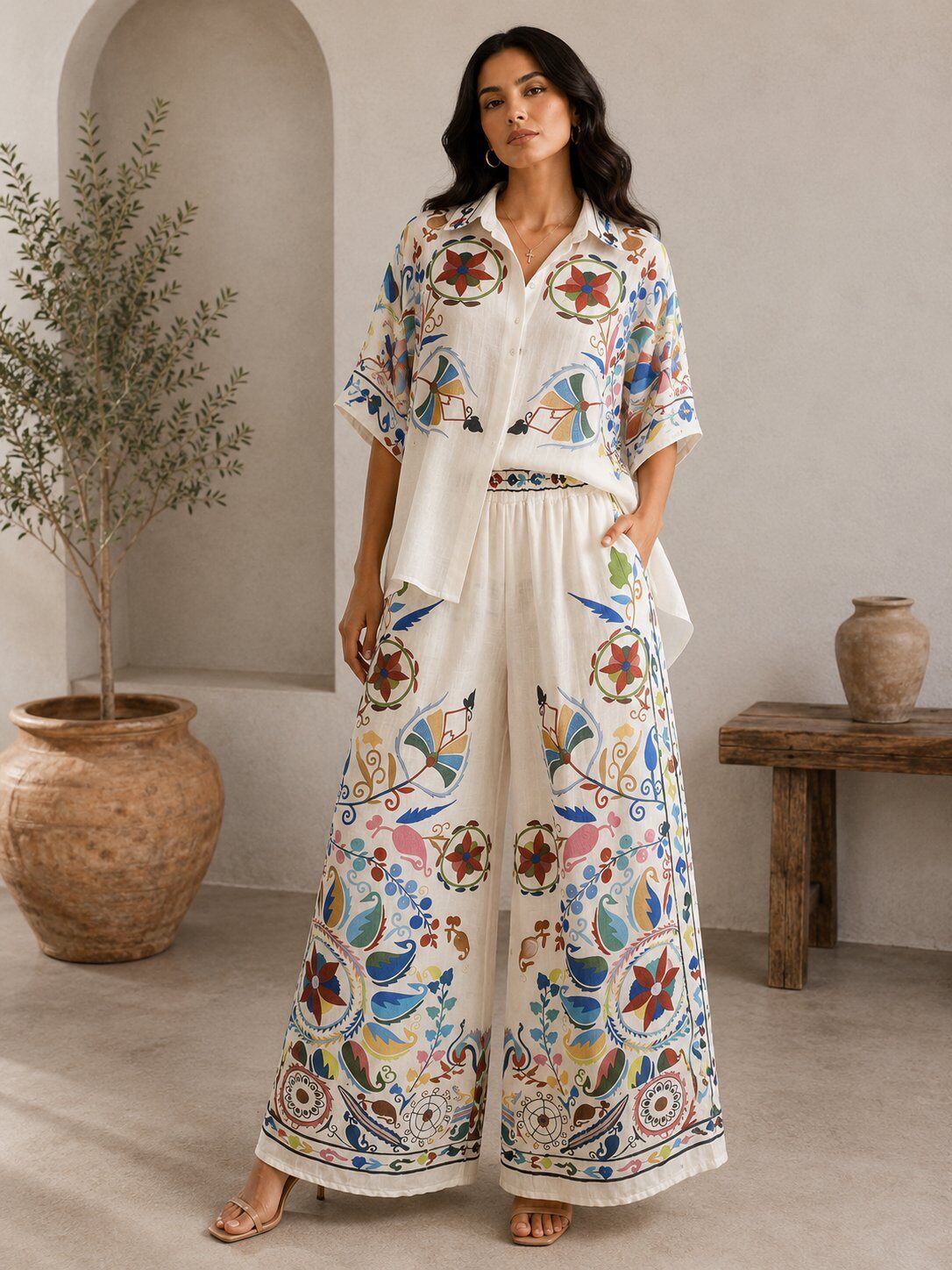 Großhändler LOVIKA - Mediterranes Bohème Palazzo-Set mit Künstlerischem Mehrfarbdruck