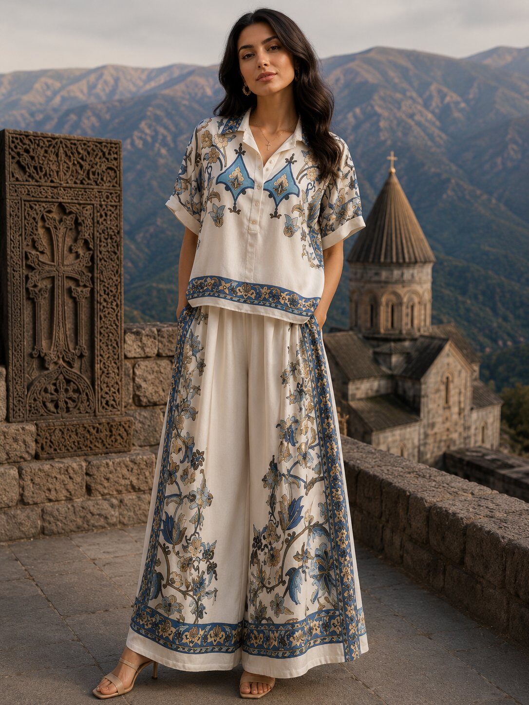 Grossista LOVIKA - Completo boho-chic con stampa arabesque blu reale e pantaloni palazzo fluidi