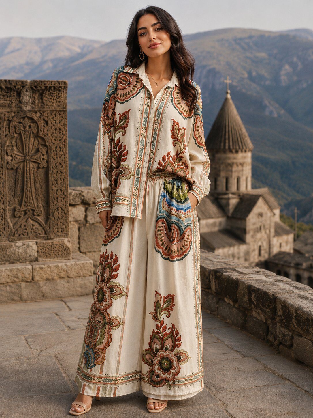 Großhändler LOVIKA - Künstlerisches Boho-Set mit Blumenmuster und fließenden Palazzo-Hosen
