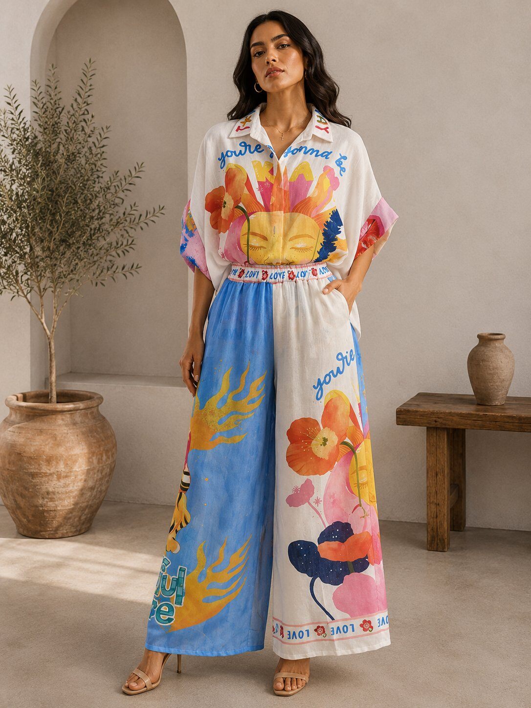 Grossista LOVIKA - Completo Palazzo Artistico Sole & Fiore Stampa Bohemien Multicolore