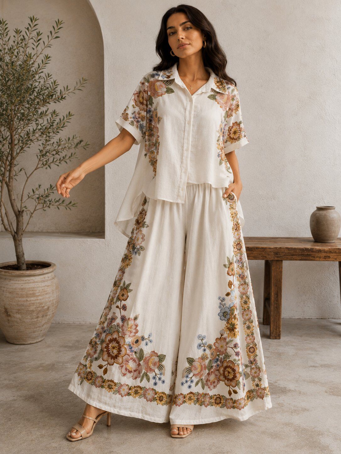 Grossista LOVIKA - Completo boho floreale romantico in crema e rosa con pantaloni palazzo fluidi