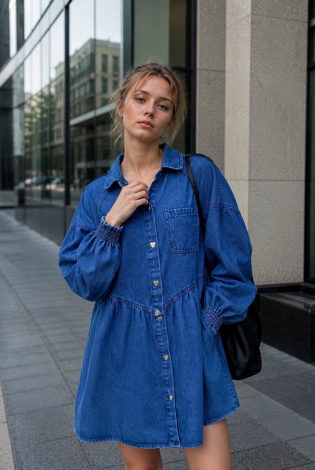 Grossiste LOVIKA - Robe chemise en denim fluide à boutons cœur et manches bouffantes