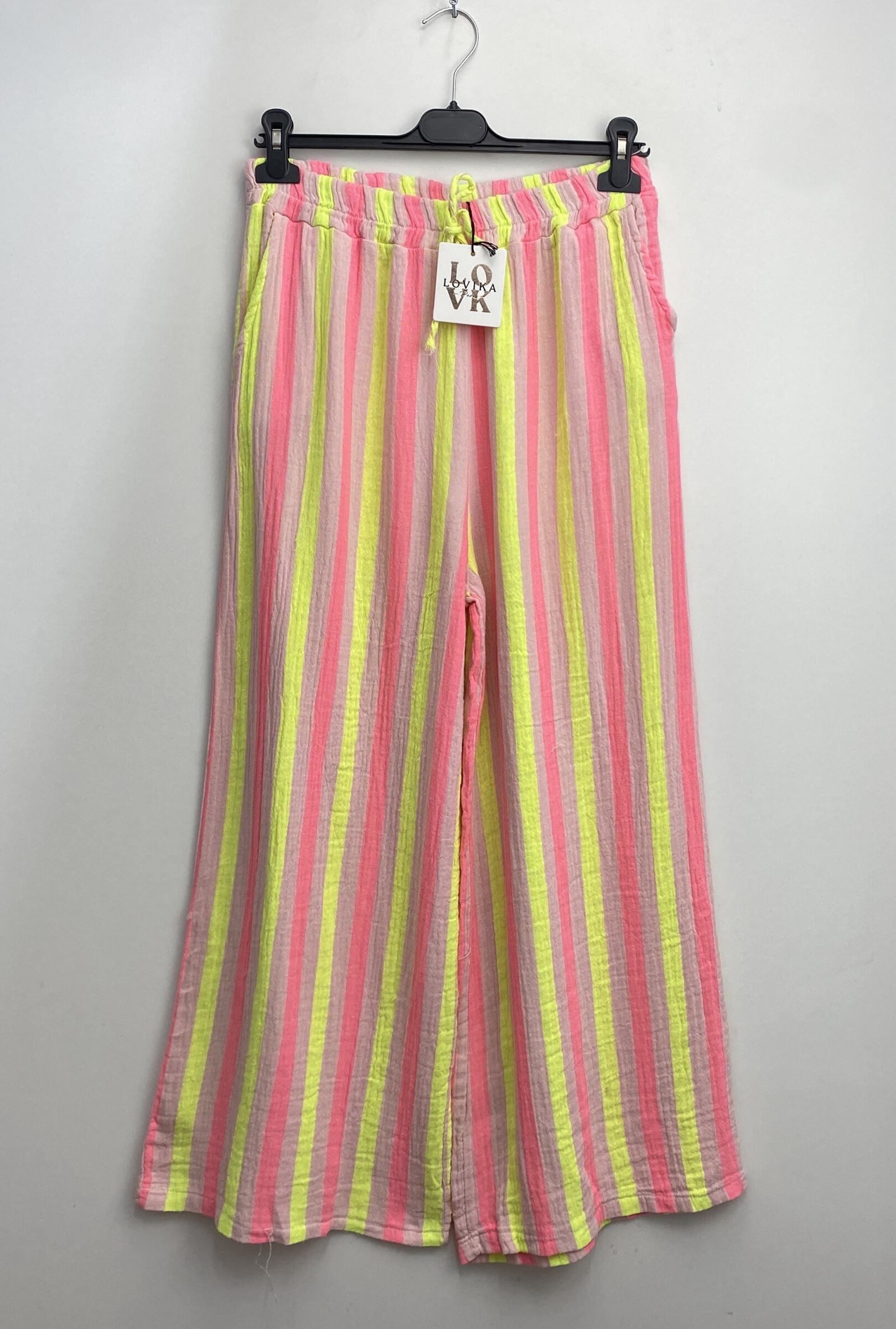 Grossiste LOVIKA - pantalon gaz de coton rayé fluo