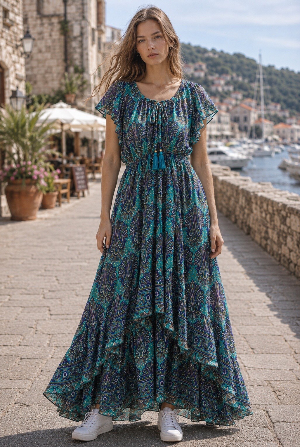 Mayorista LOVIKA - Vestido largo bohemio con estampado de cachemira y cuello anudado