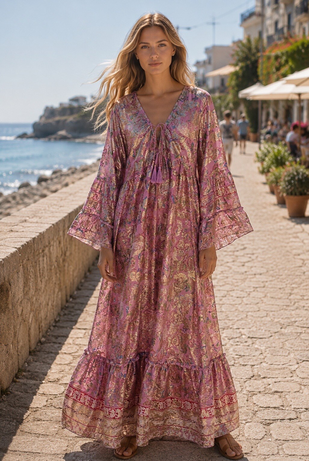 Mayorista LOVIKA - Vestido largo bohemio con estampado de cachemira, cuello en V y mangas con volantes