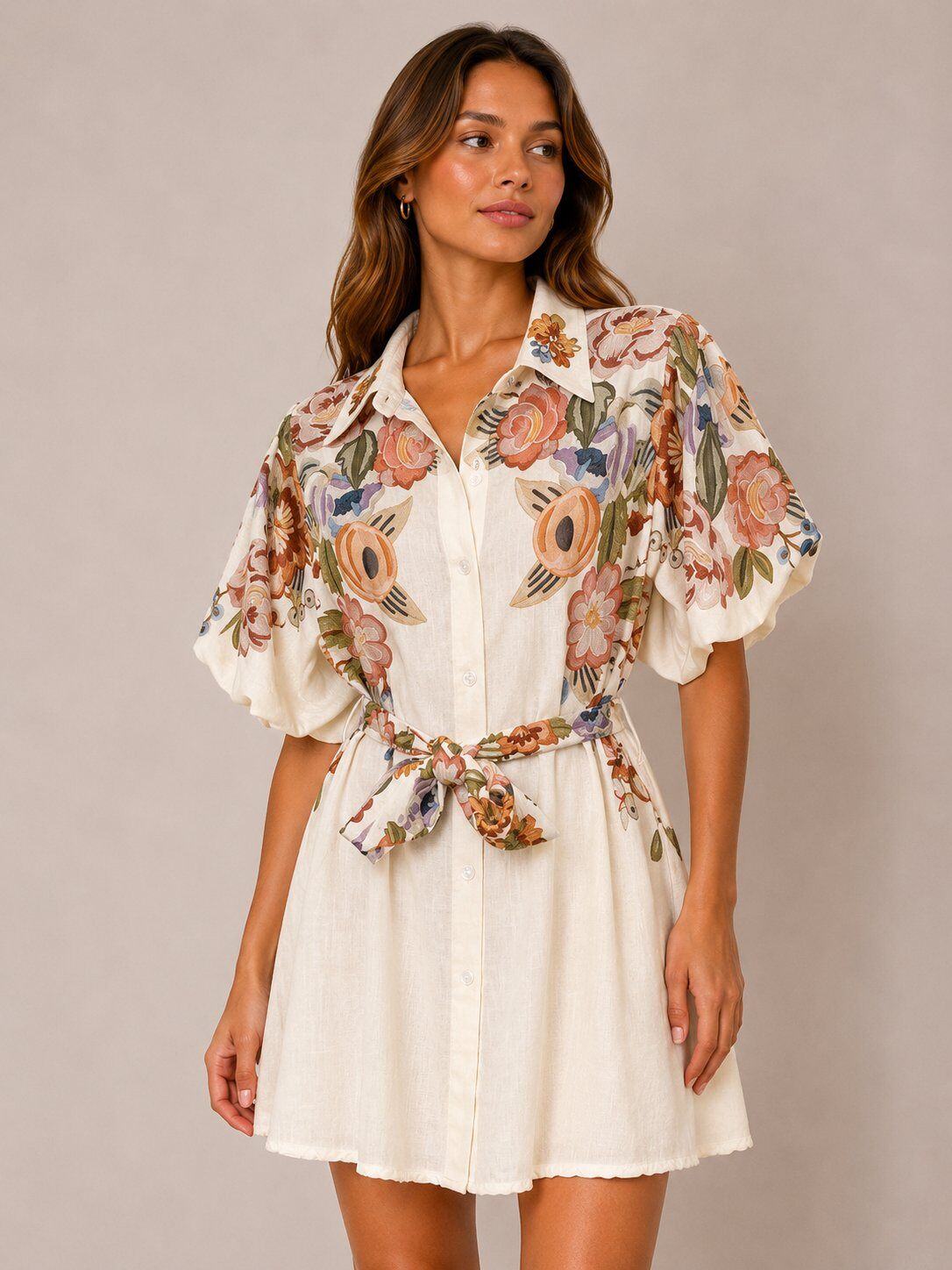 Großhändler LOVIKA - Nude Rosé Florales Boho-Kleid mit Puffärmeln