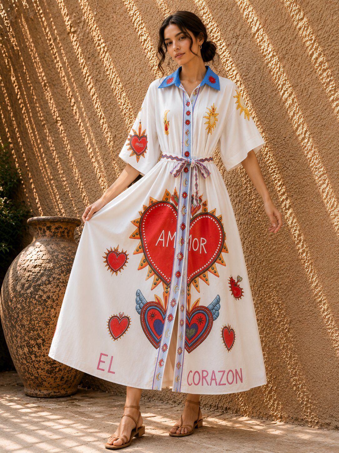 Großhändler LOVIKA - Böhmisches Hemdkleid AMOR mit heiligen Herzen & buntem Sonnenmuster