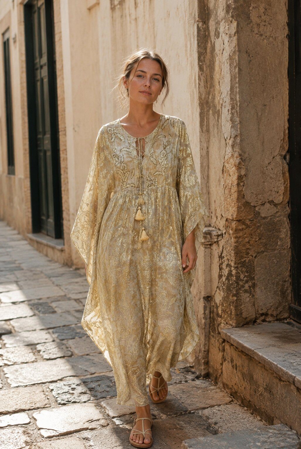 Großhändler LOVIKA - Fließendes langes Kaftankleid mit Paisley-Muster und dekorativen Quasten.