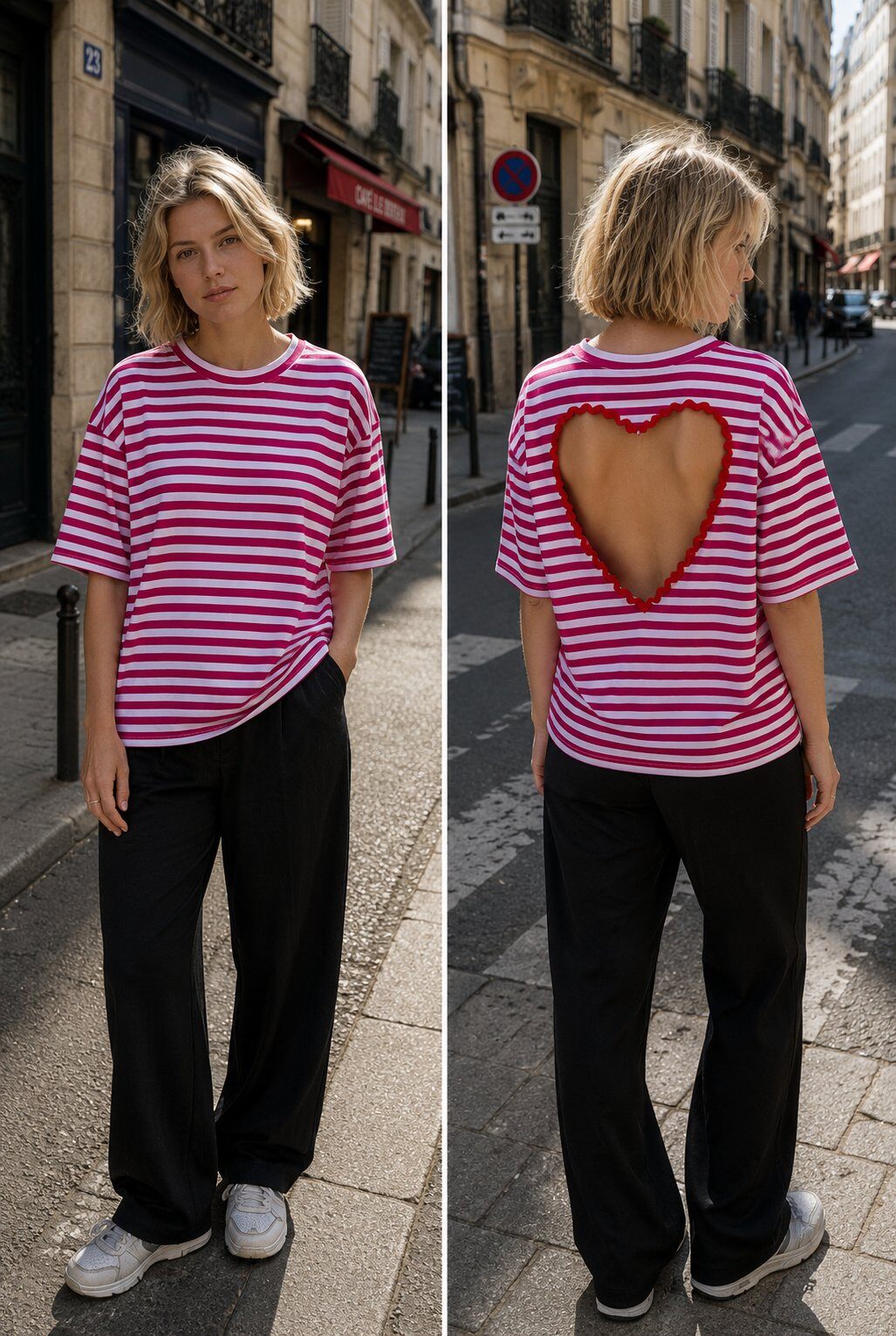 Großhändler LOVIKA - Oversize gestreiftes T-Shirt mit Herz-Ausschnitt am Rücken