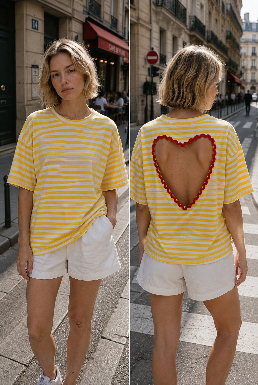 Großhändler LOVIKA - Oversize gestreiftes T-Shirt mit Herz-Ausschnitt am Rücken