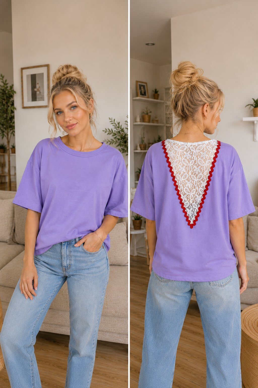 Großhändler LOVIKA - Rot-Weißes T-Shirt mit Floraler Spitzenrückseite im Chic Casual Gemütlichen Stil