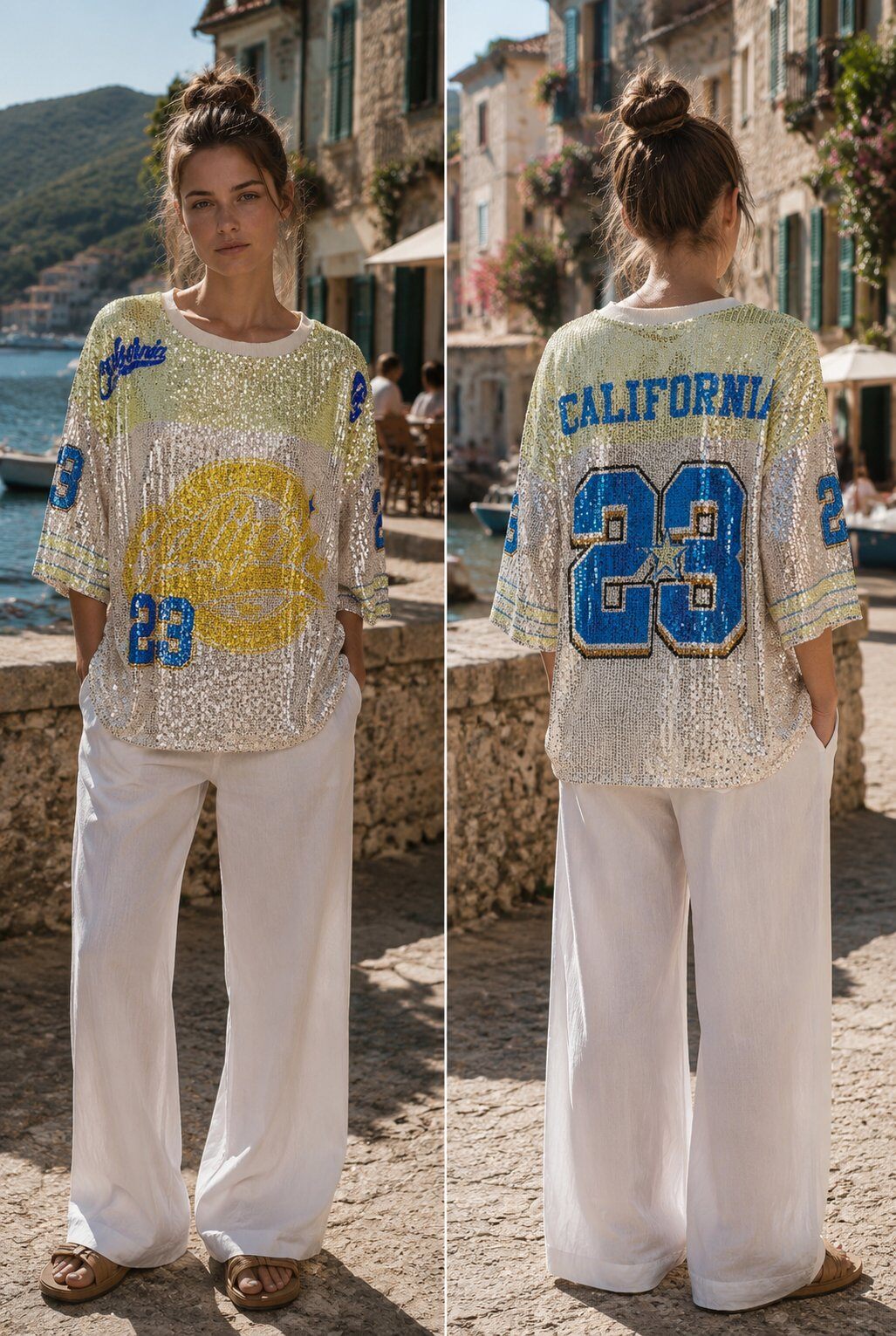 Großhändler LOVIKA - Oversize-Top mit Pailletten im Varsity-Stil.