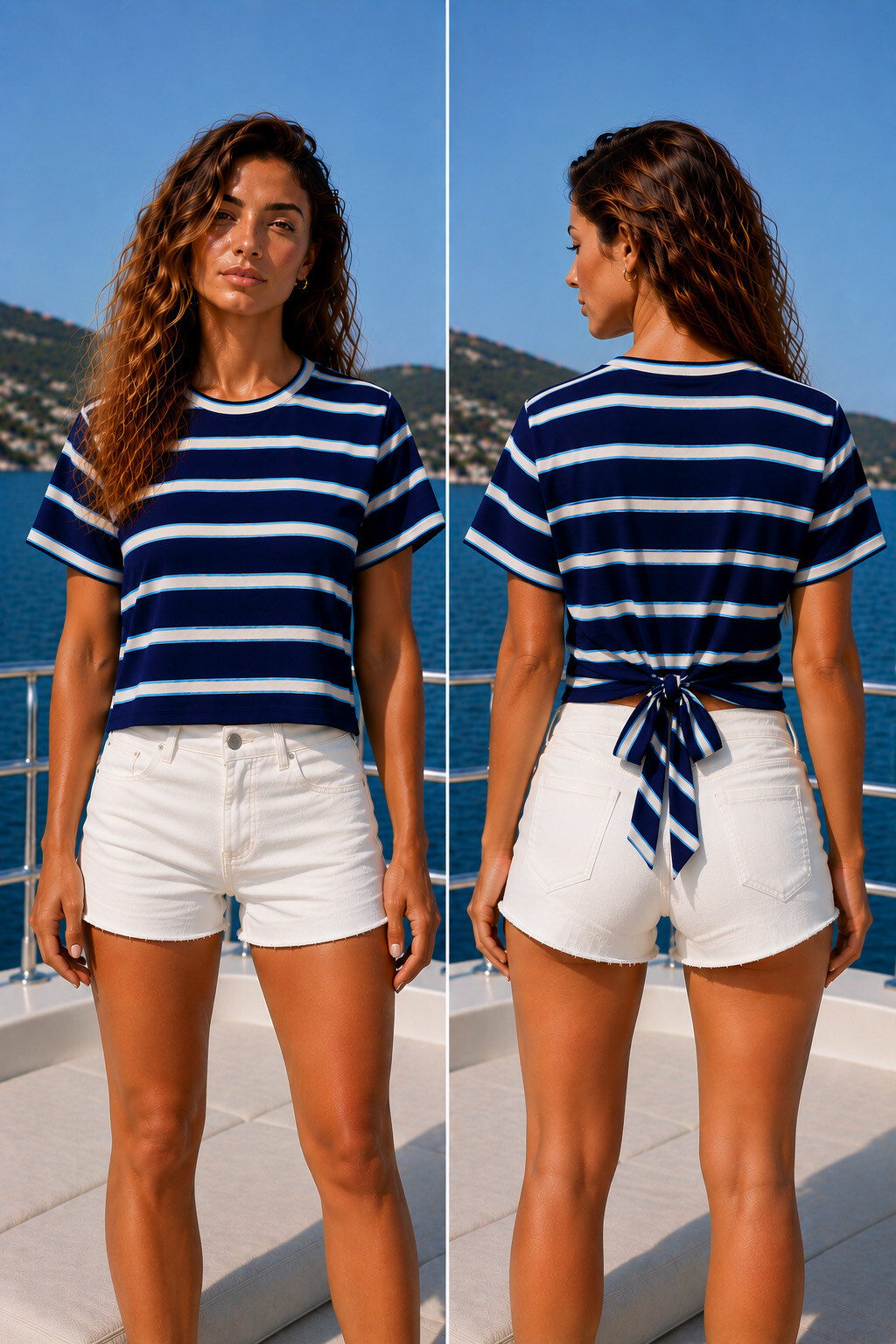 Mayorista LOVIKA - Top ajustado a rayas con mangas cortas y detalle de lazo en la espalda abierta, estilo casual femenino