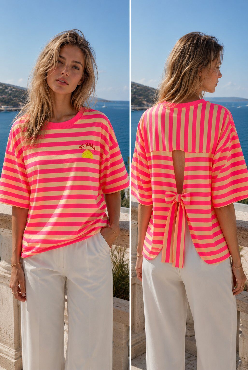Mayorista LOVIKA - Camiseta oversize a rayas de manga corta con espalda abierta y lazo