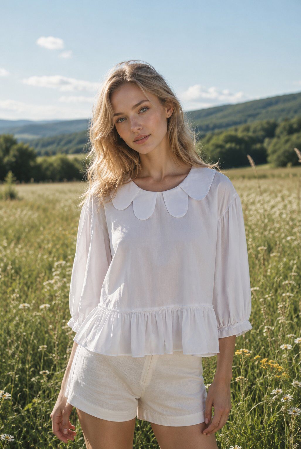 Mayorista LOVIKA - Top Bohemio Chic con Cuello Peter Pan y Volante Fluido Corte Oversize