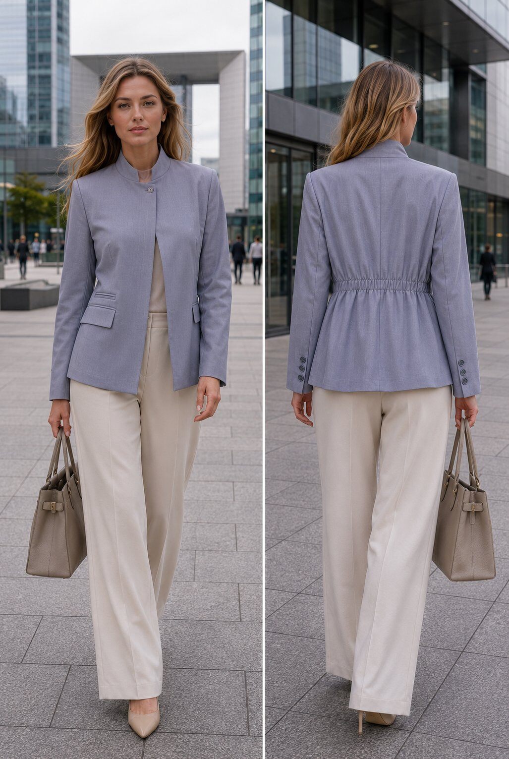 Grossiste LOVIKA - Veste blazer femme col officier à fermeture asymétrique, poche passepoilée double et taille élastiquée au dos