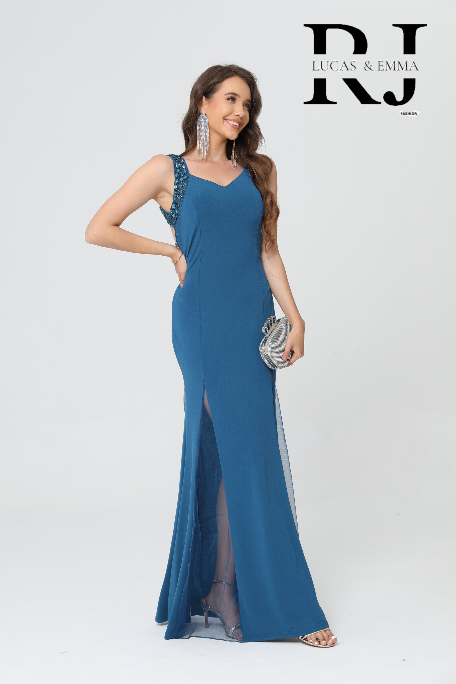 Wholesaler REVEROSE by Lucas & Emma - Siren evening dress with bare back, slit and rhinestones