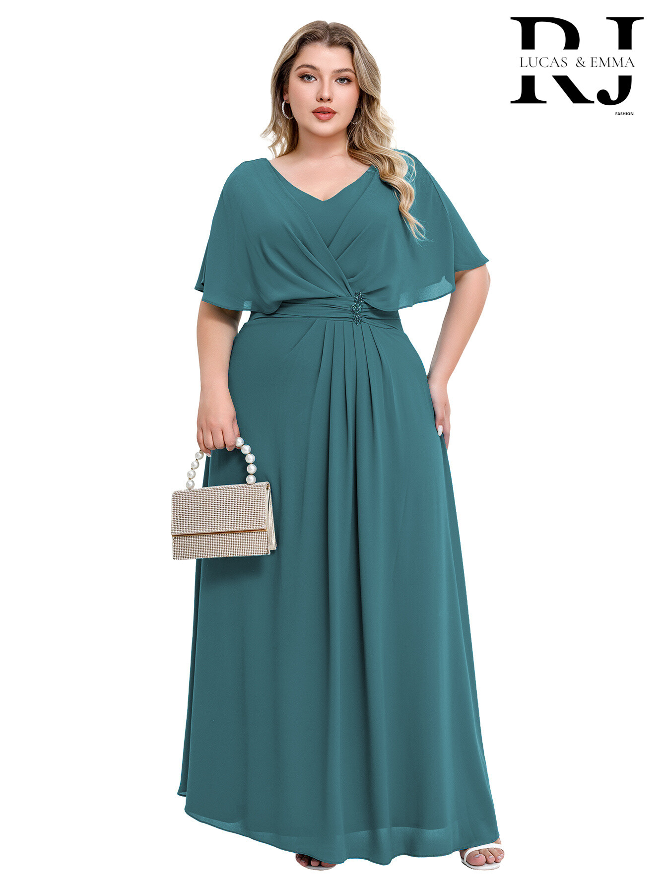 Grossiste REVEROSE by Lucas & Emma - Robe de cérémonie grande taille avec taille cintré coté élégante - Chantilly