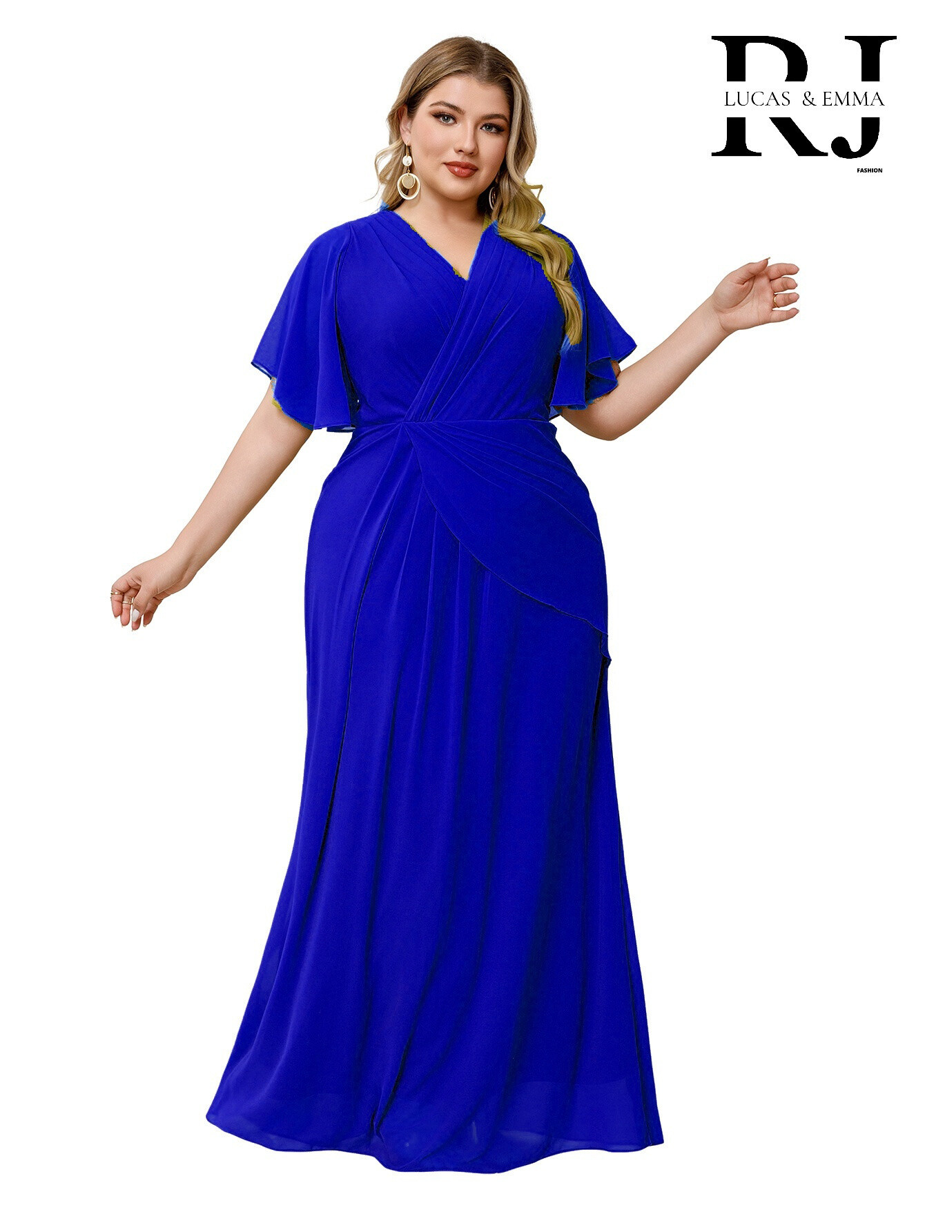 Grossiste REVEROSE by Lucas & Emma - Robe de soirée longue grande taille avec manche courte et taille drapée