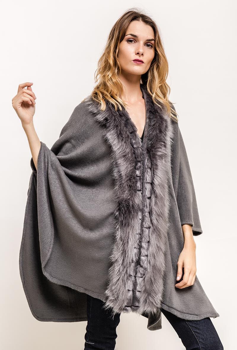 Grossiste Lucene - Poncho ouvert avec bordure en fourrure