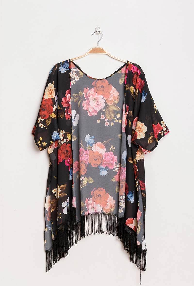 Wholesaler Lucky 2 - Floral kimono with fringes