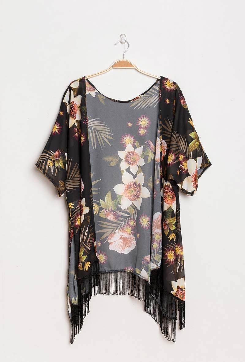 Wholesaler Lucky 2 - Floral kimono with fringes