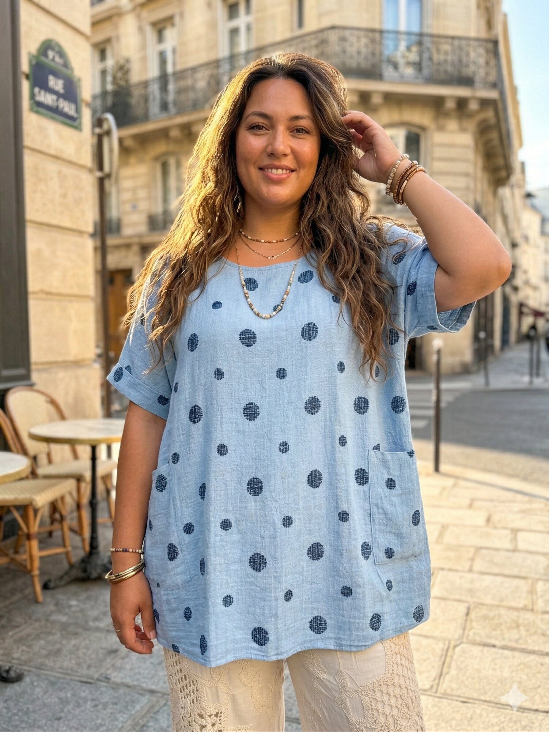 Mayorista Lucky Nana - Blusa de algodón con estampado de lunares, dos bolsillos
