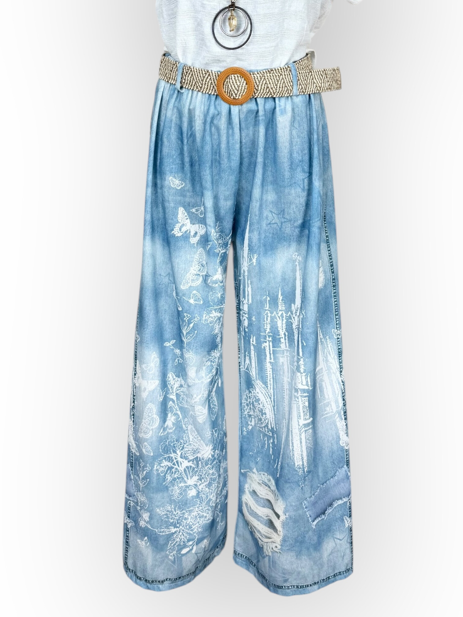 Grossista Lucky Nana - Pantaloni Trompe-L'oeil di stampa in denim e cintura intrecciata