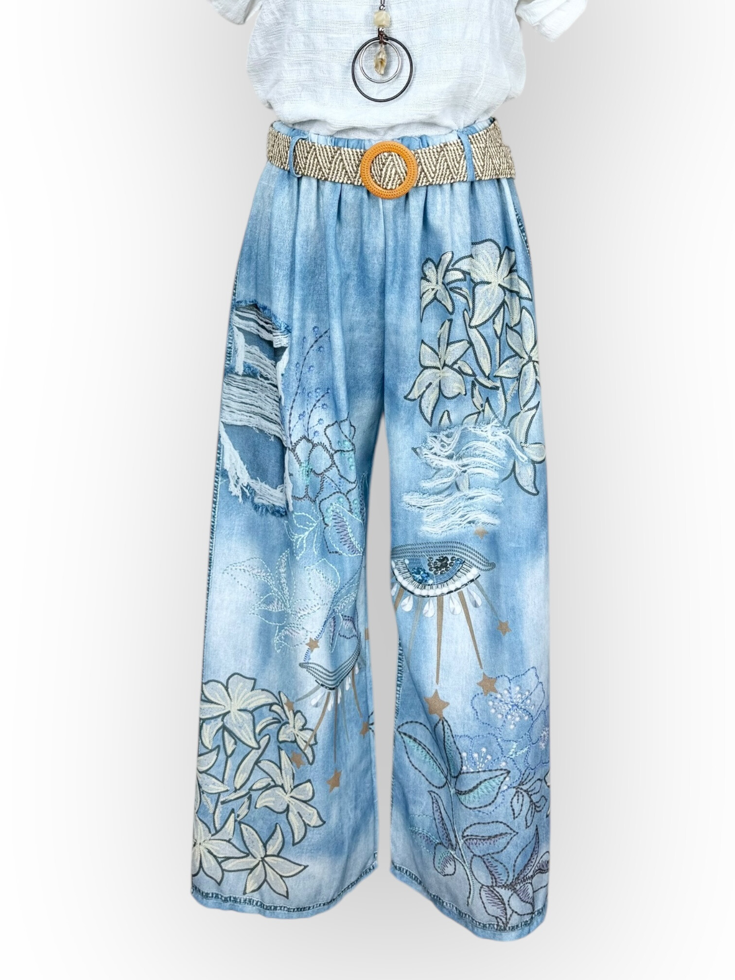 Grossista Lucky Nana - Pantaloni Trompe-L'oeil di stampa in denim e cintura intrecciata