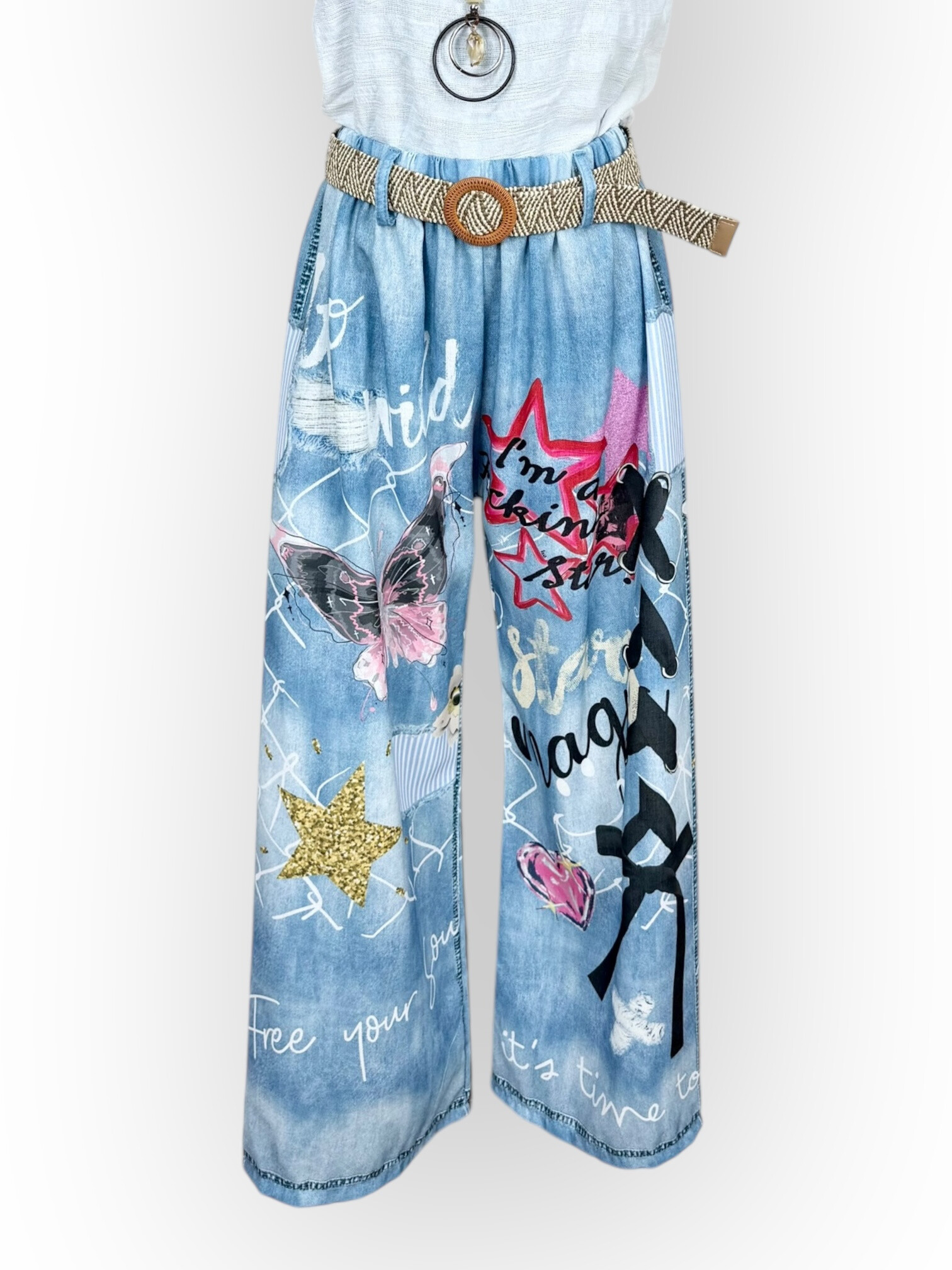 Grossista Lucky Nana - Pantaloni Trompe-L'oeil di stampa in denim e cintura intrecciata