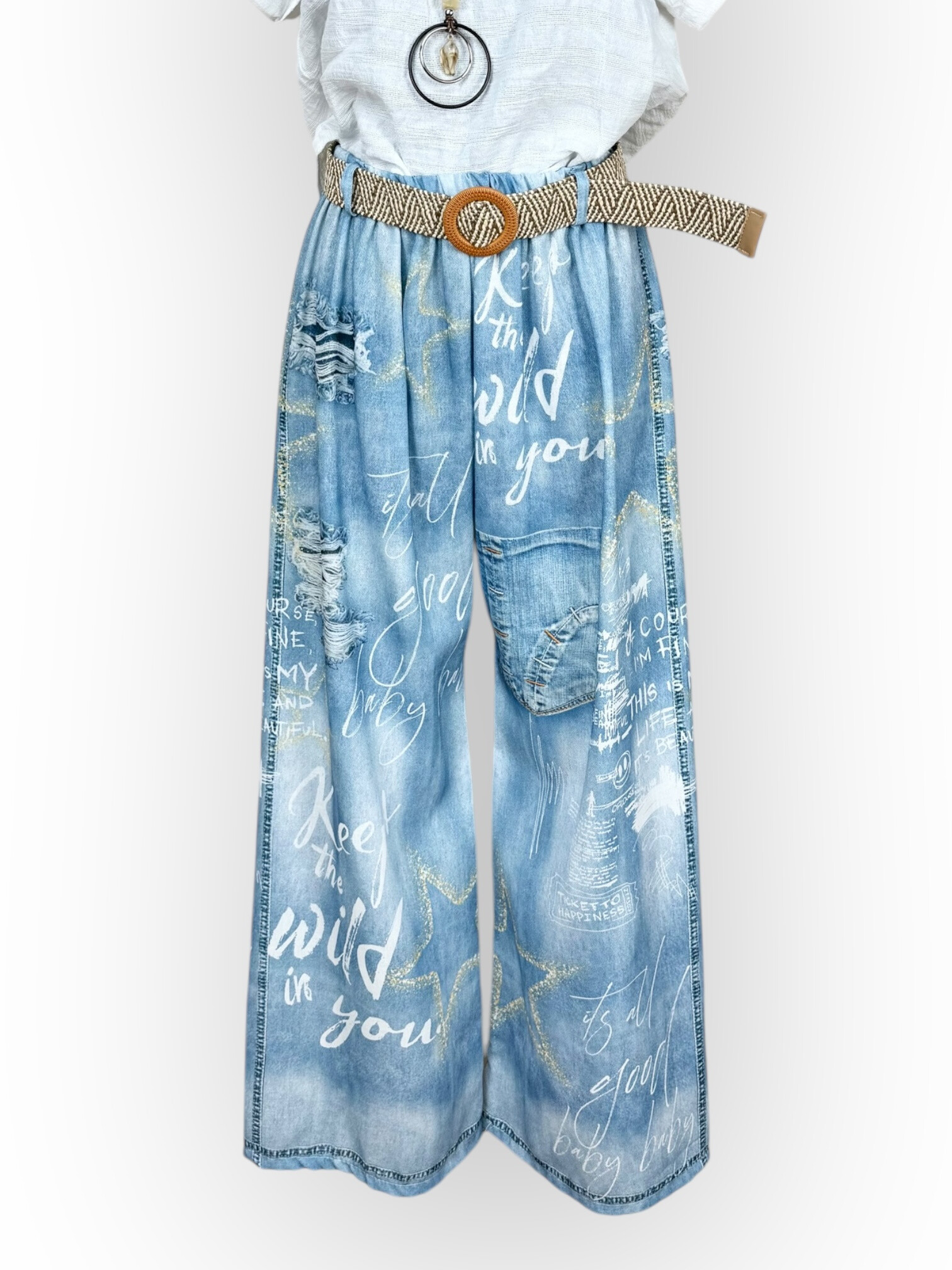 Grossista Lucky Nana - Pantaloni Trompe-L'oeil di stampa in denim e cintura intrecciata