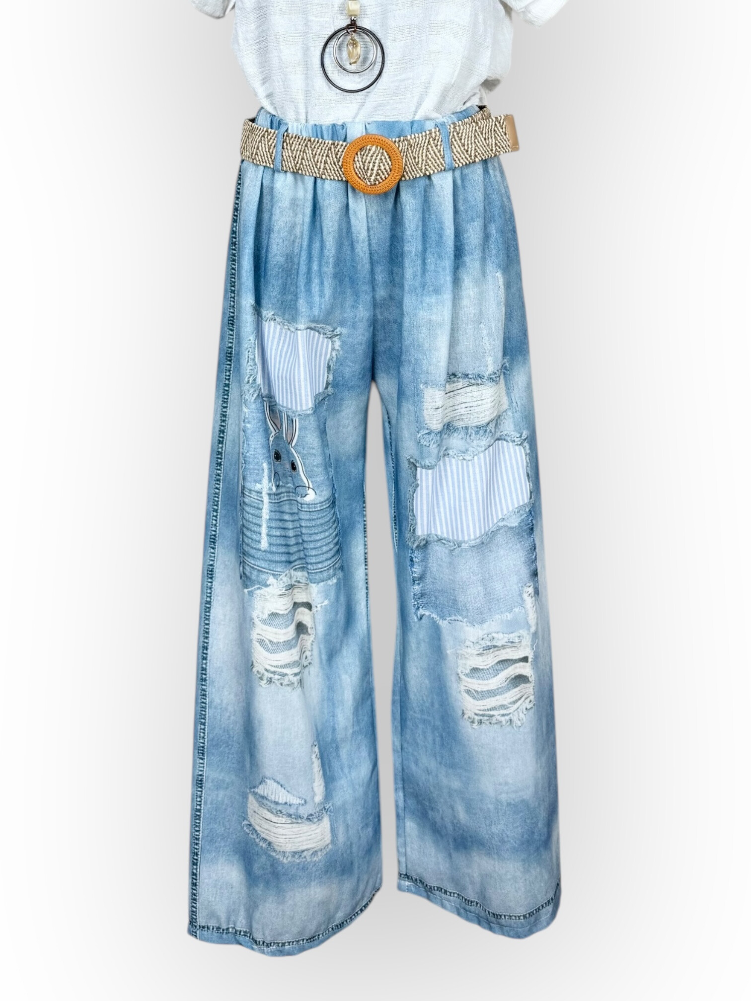 Grossista Lucky Nana - Pantaloni Trompe-L'oeil di stampa in denim e cintura intrecciata