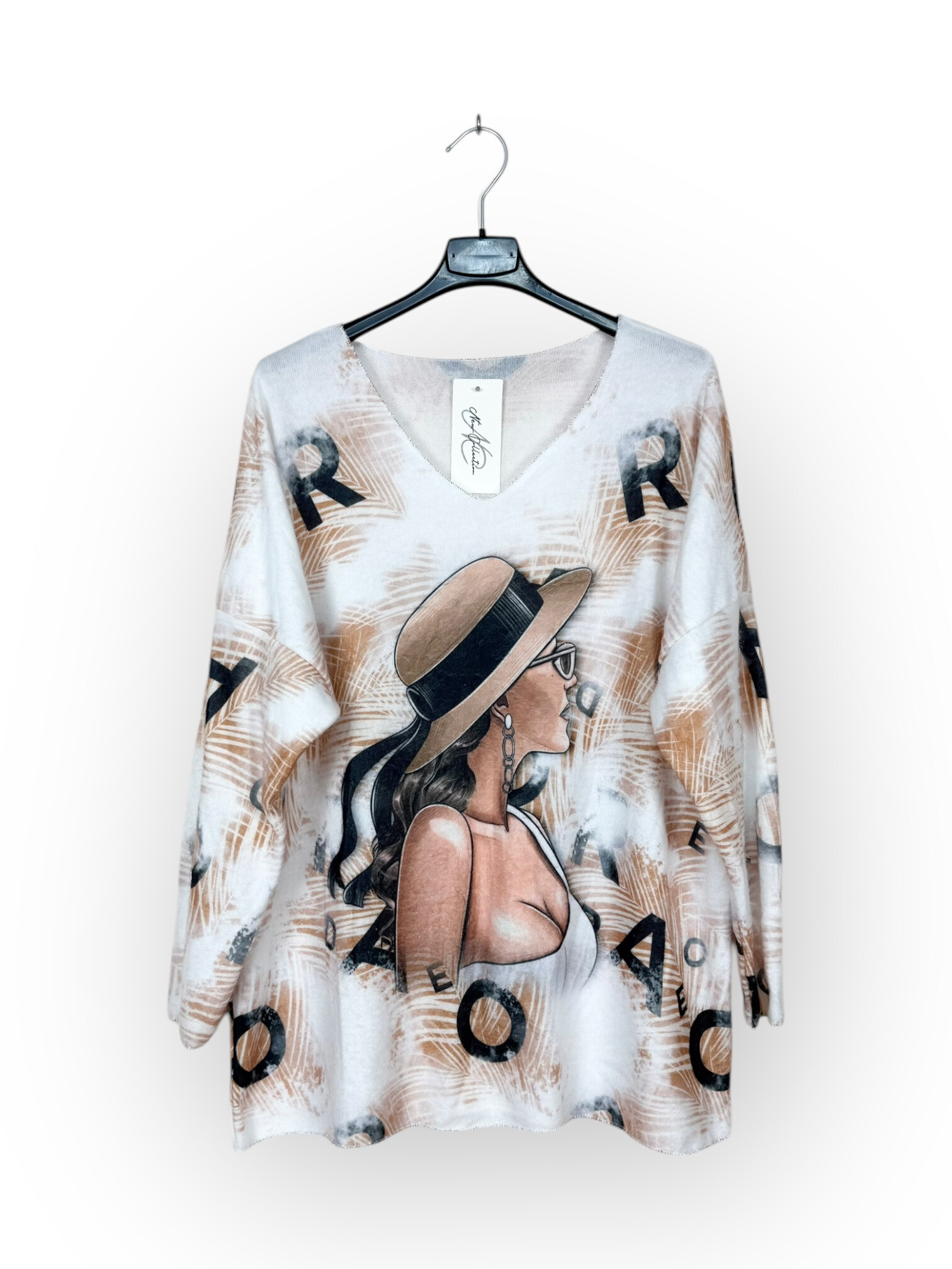 Großhändler Lucky Nana - Gemusterter Pullover mit V-Ausschnitt und langen Ärmeln.