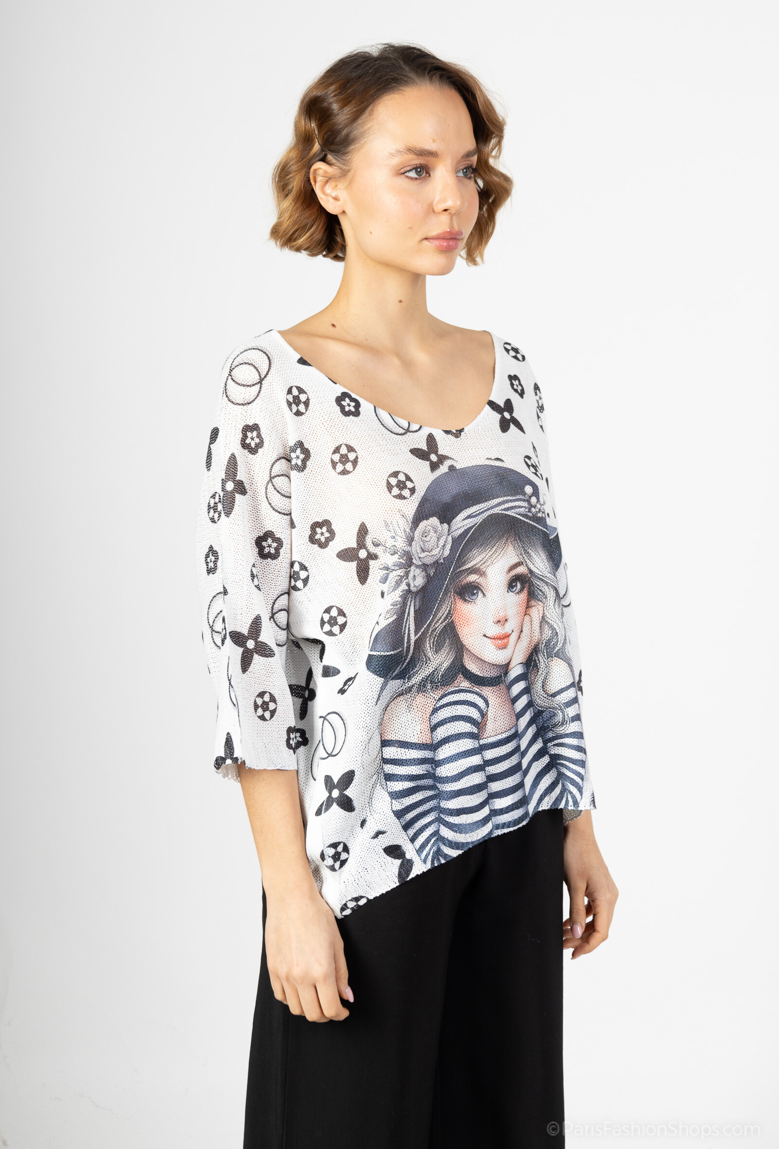 Grossiste Lucky Nana - Tee-shirt col V en maille à motif, manche 3/4