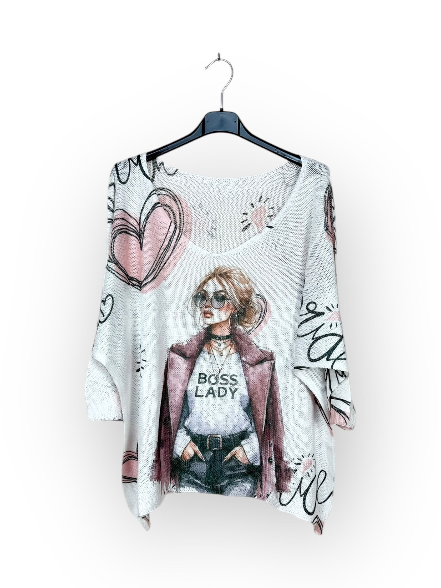 Grossiste Lucky Nana - Tee-shirt col V en maille à motif, manche 3/4