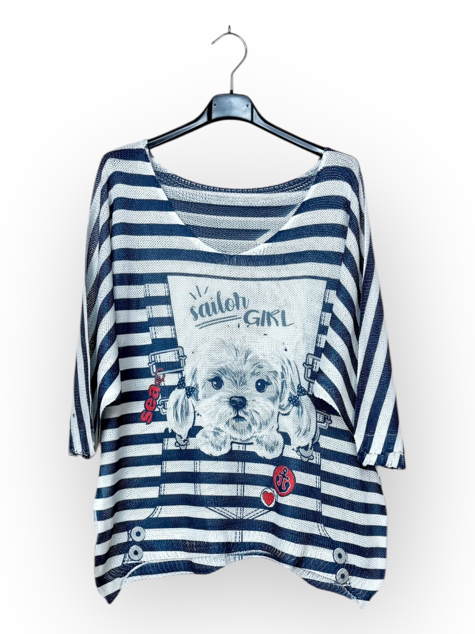 Grossiste Lucky Nana - Tee-shirt col V en maille à motif, manche 3/4