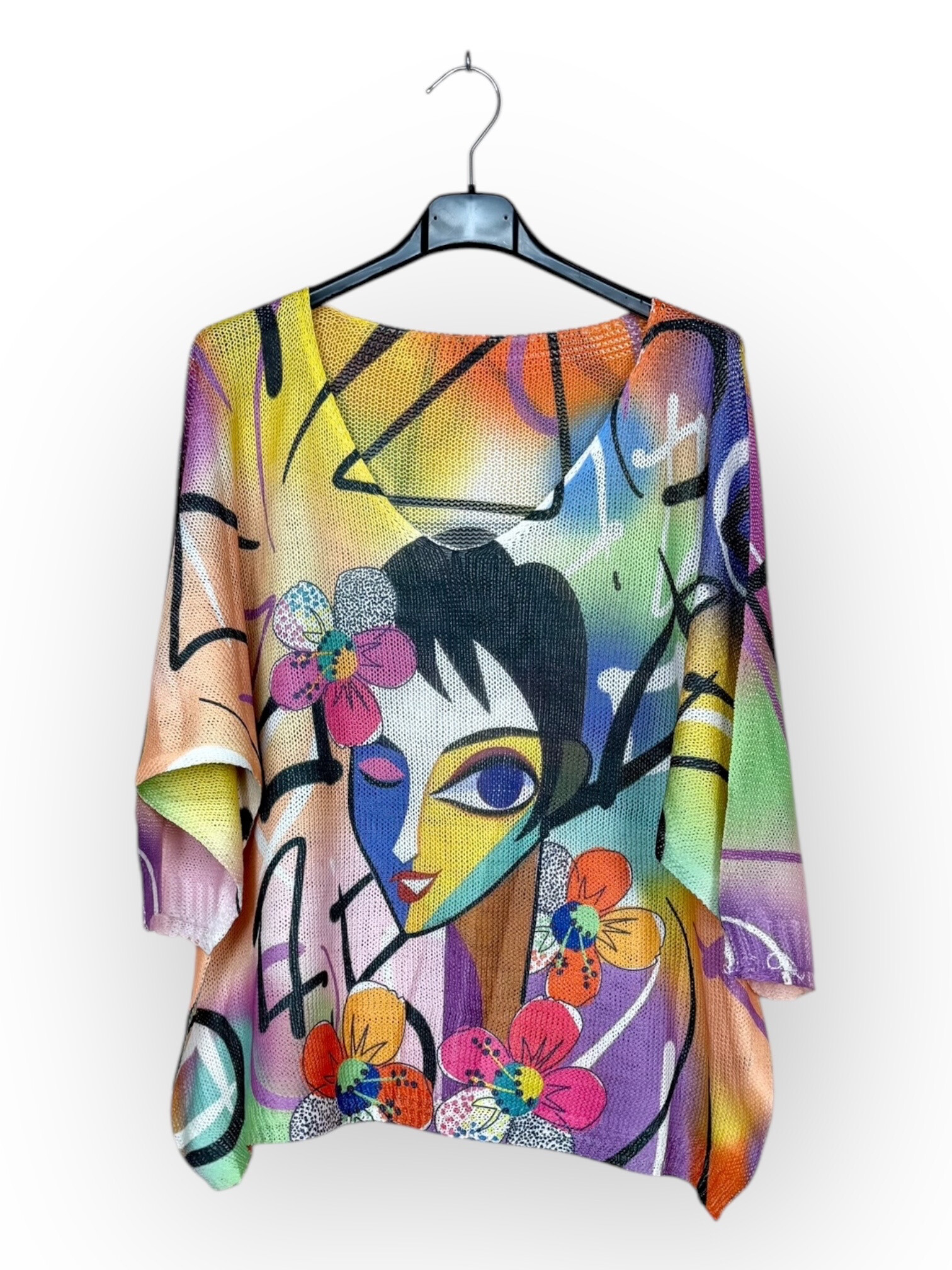 Grossiste Lucky Nana - Tee-shirt col V en maille à motif, manche 3/4