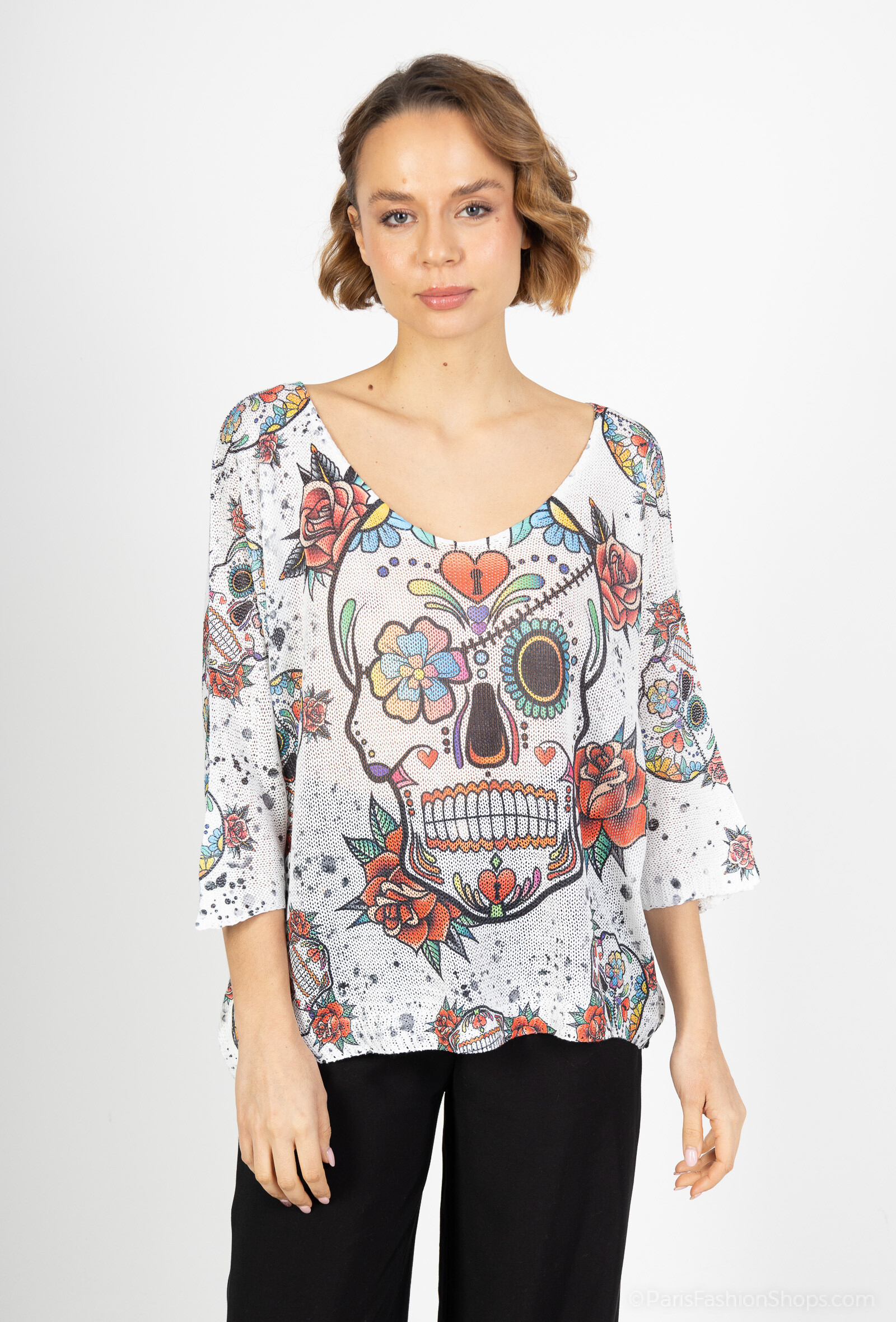 Grossiste Lucky Nana - Tee-shirt col V en maille à motif, manche 3/4