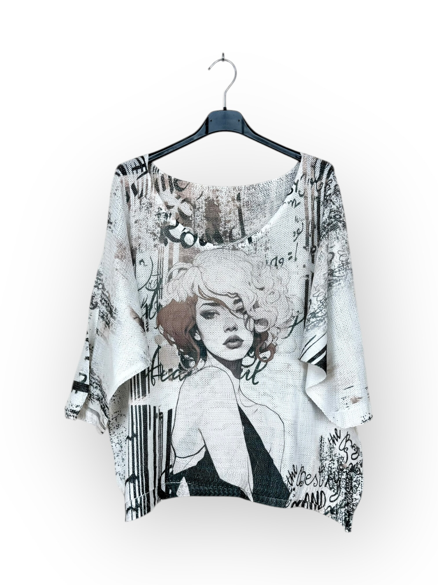 Grossiste Lucky Nana - Tee-shirt col V en maille à motif, manche 3/4