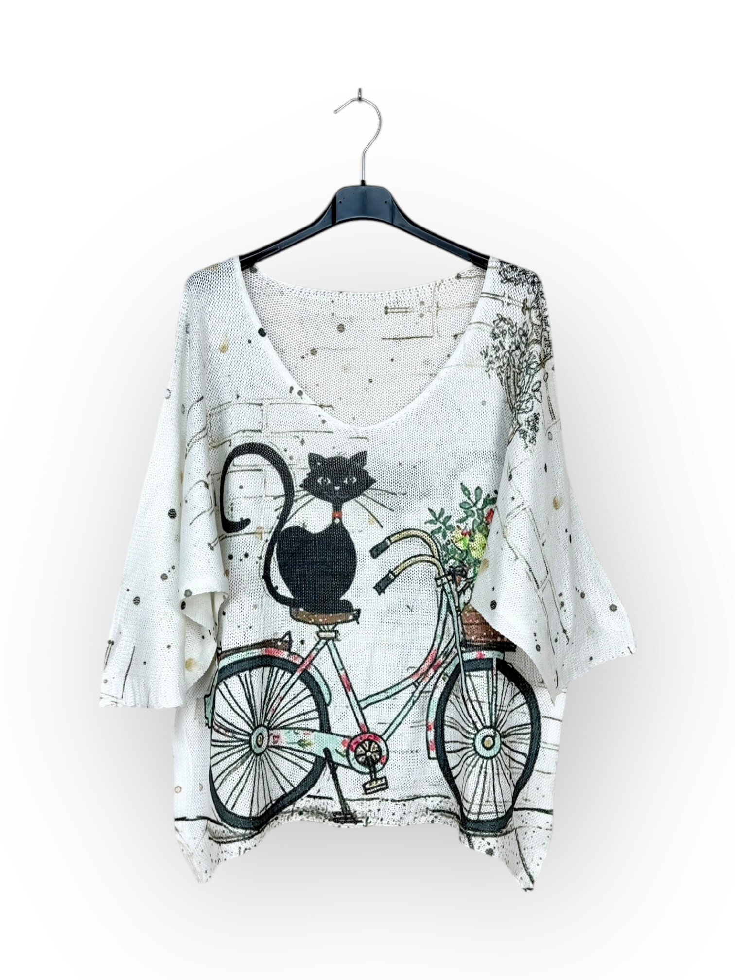 Grossiste Lucky Nana - Tee-shirt col V en maille à motif, manche 3/4