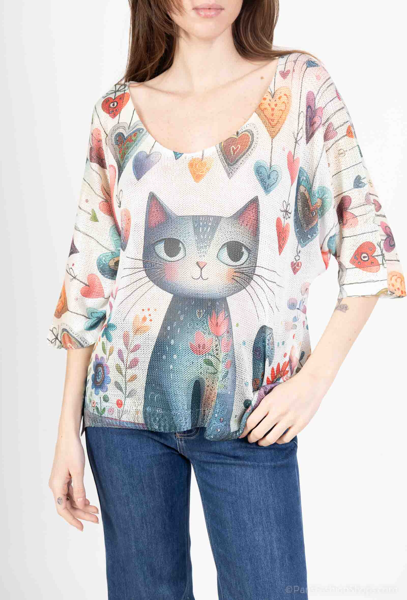 Grossiste Lucky Nana - Tee-shirt col V en maille à motif, manche 3/4