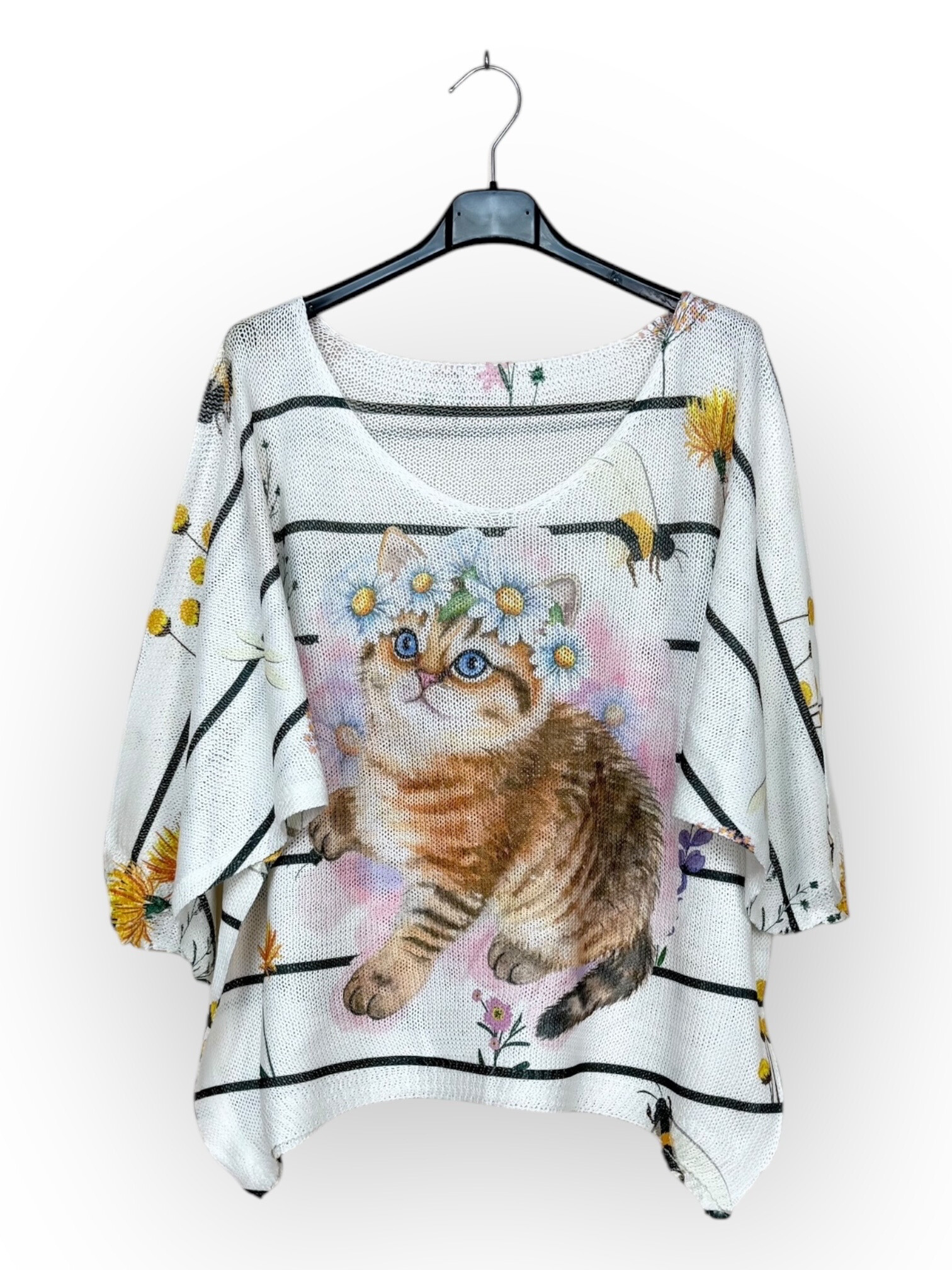 Grossiste Lucky Nana - Tee-shirt col V en maille à motif, manche 3/4