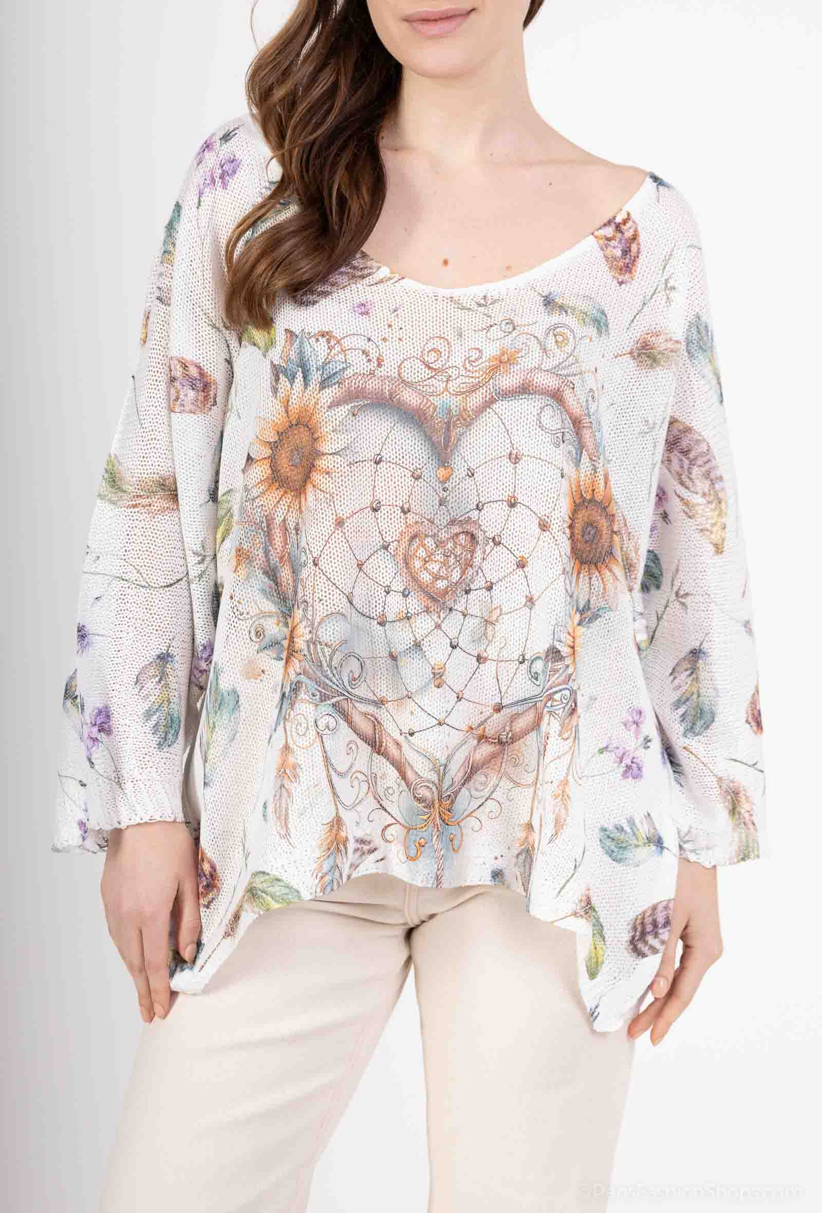 Grossiste Lucky Nana - Tee-shirt col V en maille à motif, manche 3/4