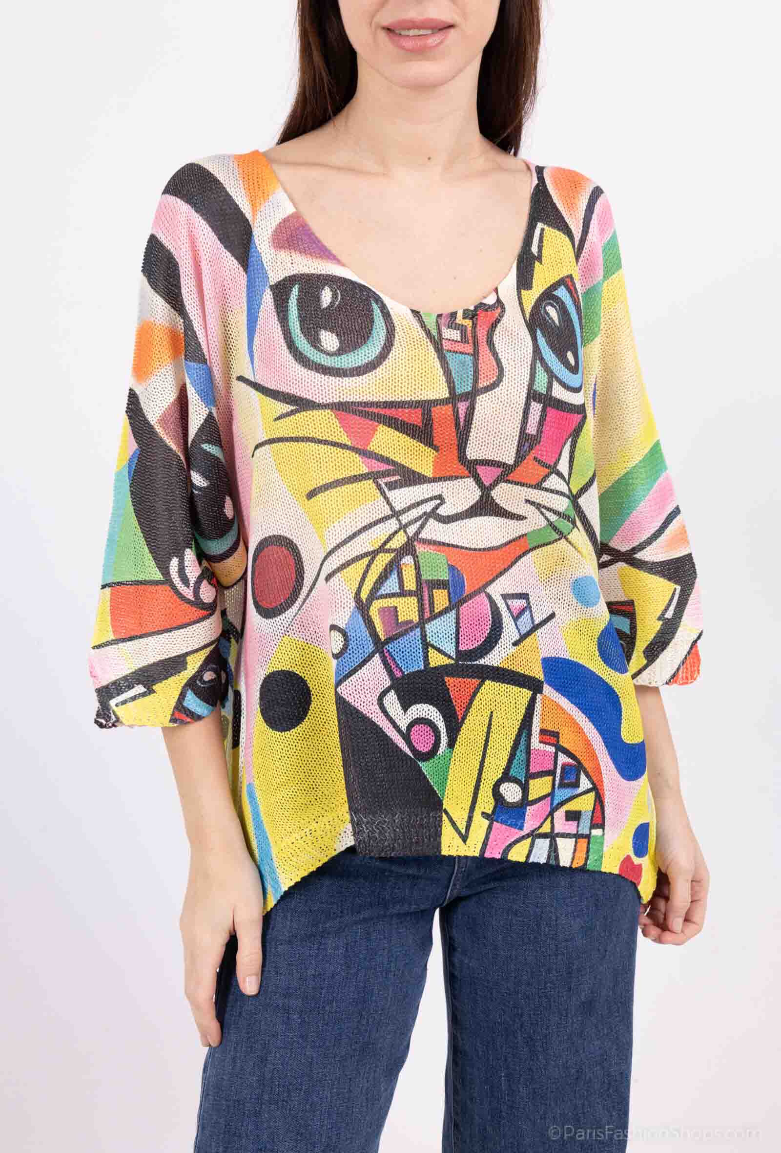 Grossiste Lucky Nana - Tee-shirt col V en maille à motif, manche 3/4