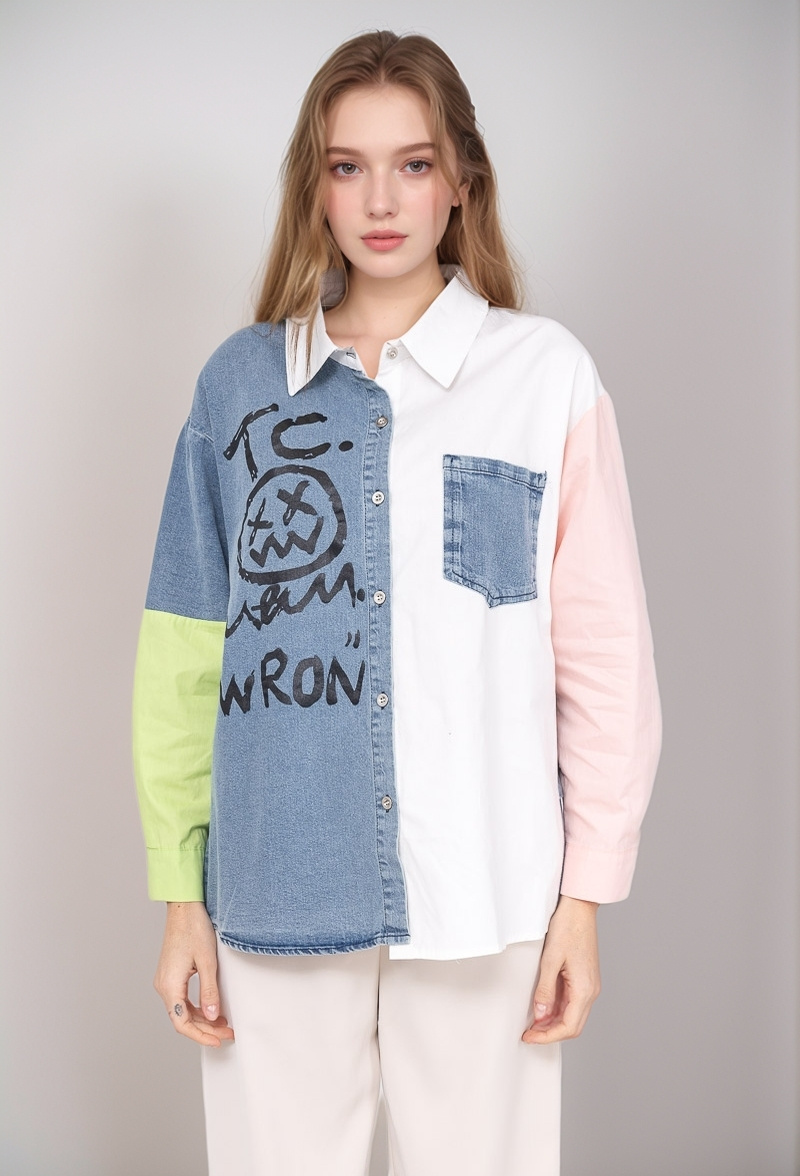 Wholesaler LUCY LUU - DENIM DUAL MATERIAL SHIRT