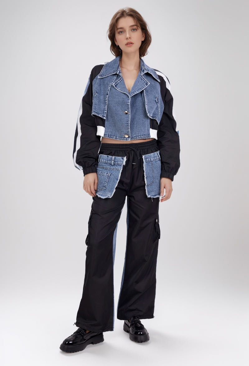 Wholesaler LUCY LUU - DUAL MATERIAL DENIM TROUSERS