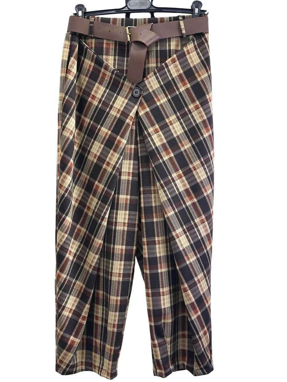 Grossista LUISA FASHION - Pantaloni a quadri con cintura e incrocio